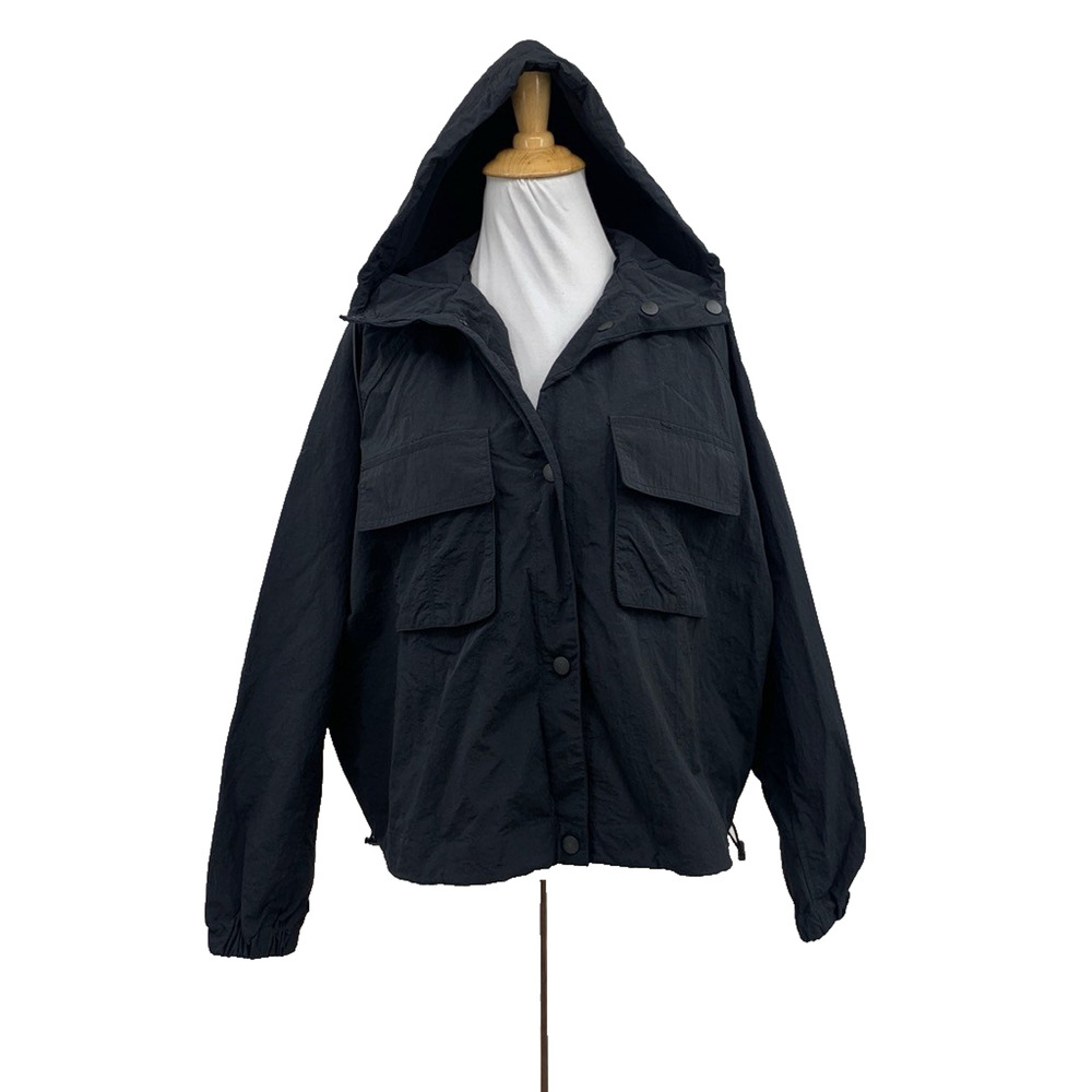 Rachel Roy Jacket Womens S Small Black Nylon Snap Buttons Utility Boxy Hooded